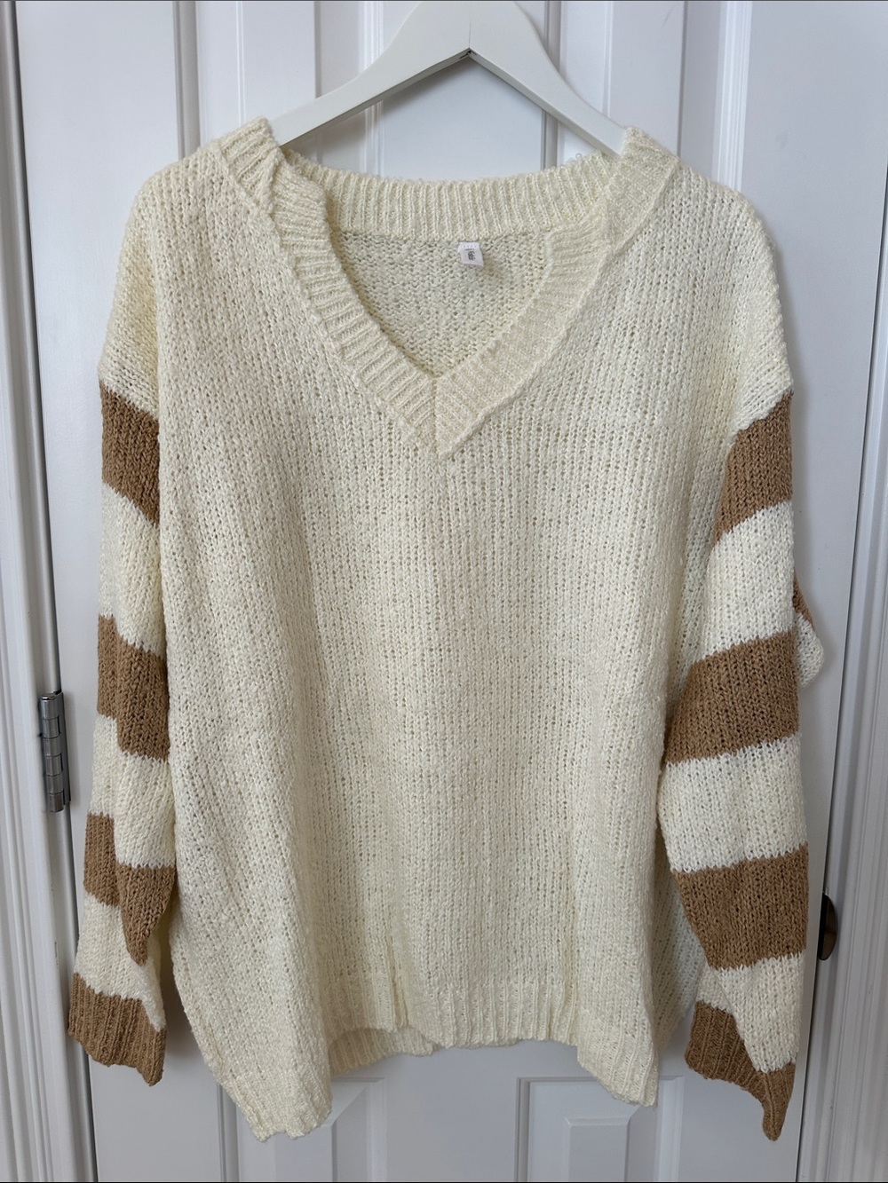 Wishlist Cream V-Neck Sweater with Tan Striped Sleeves